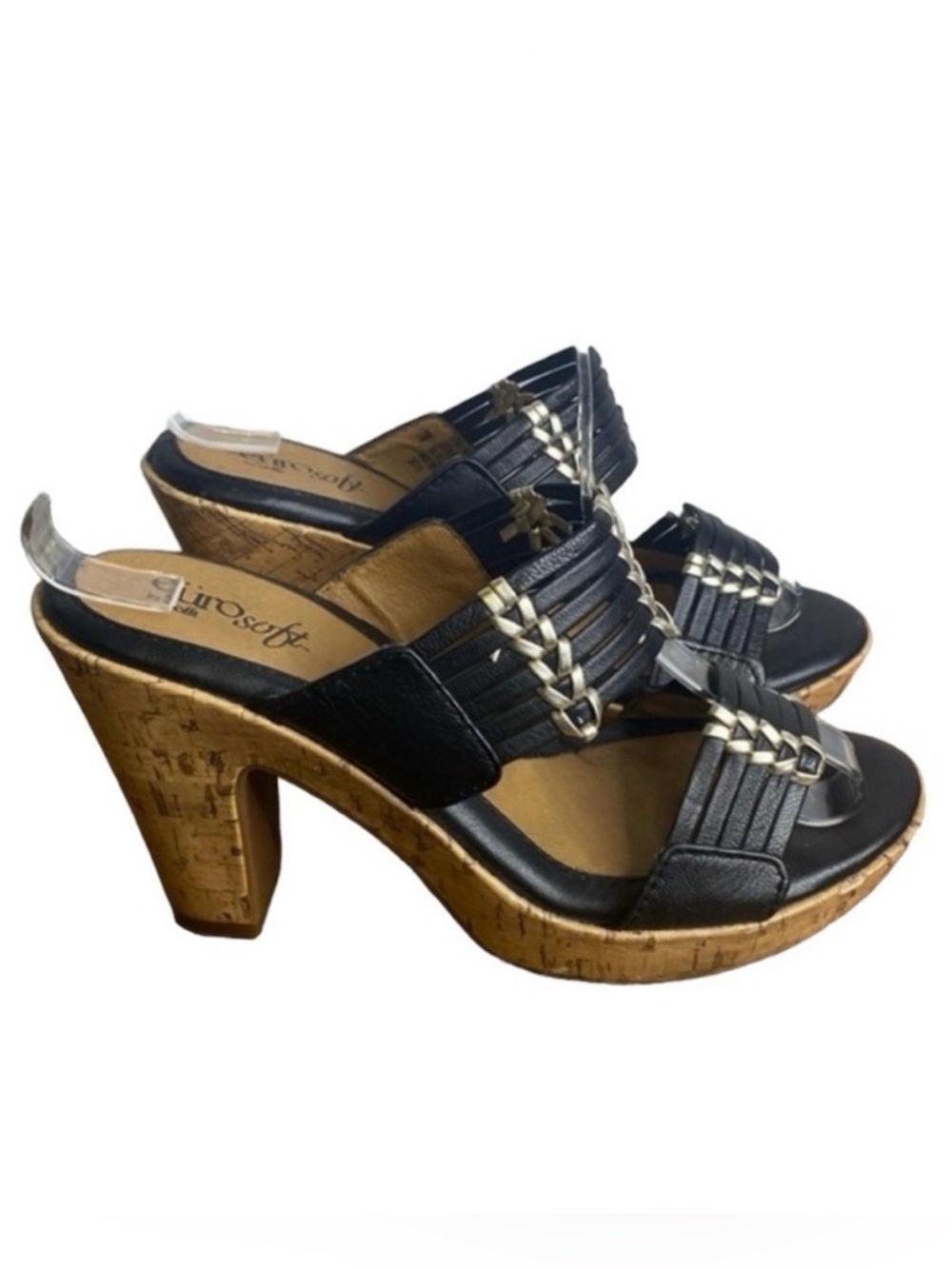 Sofft Black Leather Studded Slip On Double Strap Mule Slides Cork Heel Size 7